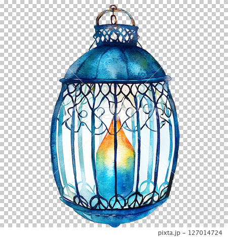 Watercolor lantern with candle inside, glowing softly 127014724