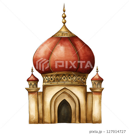 Watercolor illustration of traditional Indian palace with large 127014727