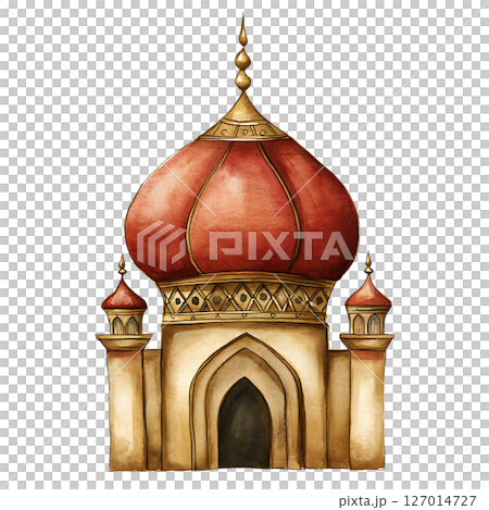 Watercolor illustration of traditional Indian palace with large 127014727