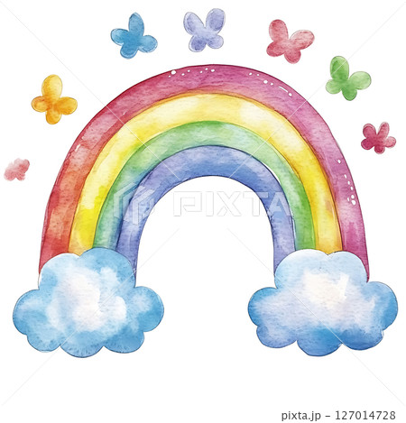 Colorful watercolor rainbow with clouds and butterflies 127014728