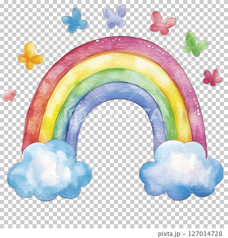 Colorful watercolor rainbow with clouds and butterflies 127014728