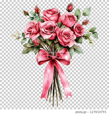 Watercolor illustration of bouquet of pink roses with green leaves 127014755