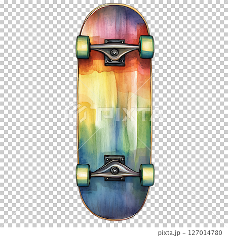 Colorful skateboard with rainbow watercolor design and green wheels 127014780