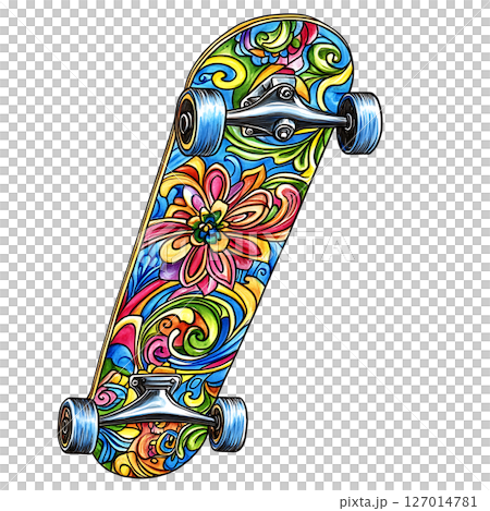Colorful skateboard with floral and swirl design, vibrant 127014781