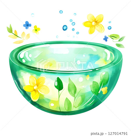 Colorful watercolor illustration of glass bowl with floating 127014791