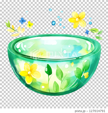 Colorful watercolor illustration of glass bowl with floating 127014791