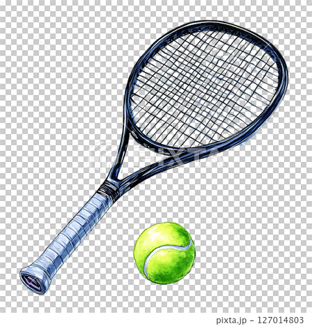 Waterproof tennis racket with bright green tennis ball 127014803