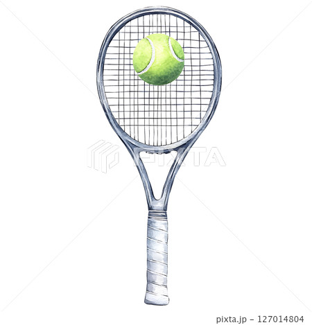 Tennis racket with tennis ball strings, isolated transparency 127014804