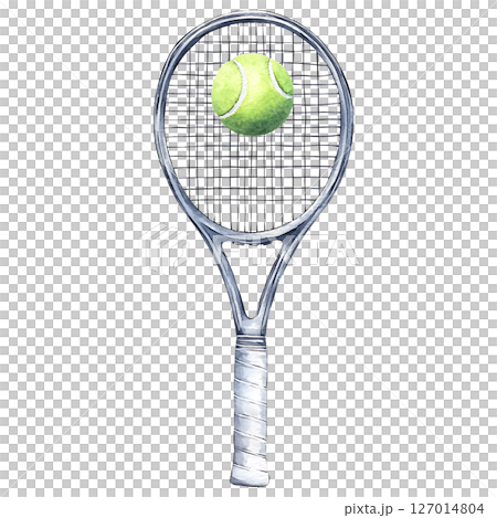 Tennis racket with tennis ball strings, isolated transparency 127014804