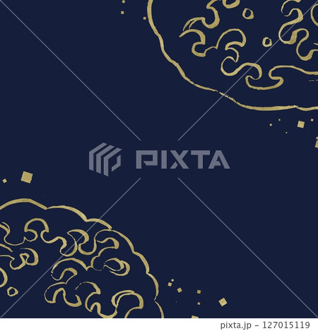 金色の丸い波文様の正方形ダークバナー。青背景の対角線上に毛筆の和風の渦 127015119