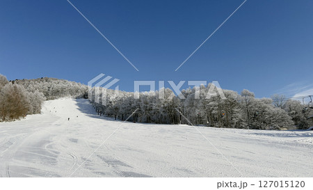 日本のスキーリゾート 菅平高原スキー場 ゲレンデとリフトと青空 日本のスキーリゾート 菅平高原スキー場 ゲレンデとリフトと青空 127015120