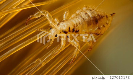Extreme close-up of a louse clinging to human hair strands with detailed body texture 127015178
