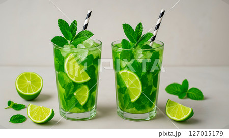 Two glasses of mojito with lime slices, fresh mint leaves and crushed ice on a white background 127015179
