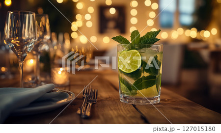 A refreshing mojito cocktail with lime and mint on an elegant dinner table with warm fairy lights in the background 127015180