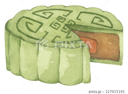 Hand Drawn Mooncakes Illustration, Traditional Chinese Dessert for Mid Autumn Festival, Symbol of Prosperity. Watercolor Illustration. 127015191