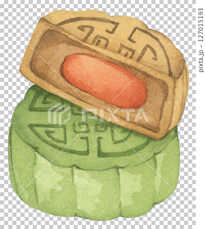 Mooncakes Illustration. Traditional Chinese Dessert for Mid Autumn Festival, Symbol of Prosperity. Watercolor Illustration. 127015193