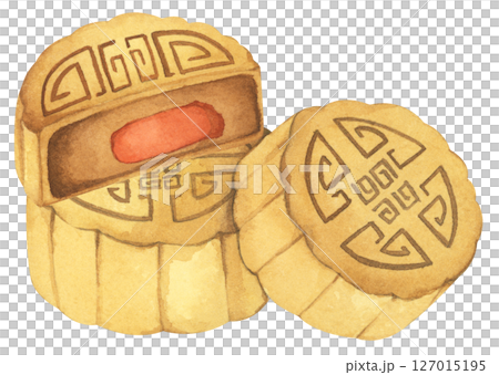 Mooncakes Illustration. Traditional Chinese Dessert for Mid Autumn Festival, Symbol of Prosperity. Watercolor Illustration. Mooncakes Illustration. Traditional Chinese Dessert for Mid Autumn Festival, Symbol of Prosperity. Watercolor Illustration. 127015195