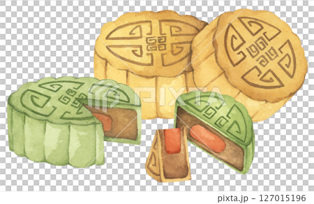 Mooncakes Illustration. Traditional Chinese Dessert for Mid Autumn Festival, Symbol of Prosperity. Watercolor Illustration. Mooncakes Illustration. Traditional Chinese Dessert for Mid Autumn Festival, Symbol of Prosperity. Watercolor Illustration. 127015196