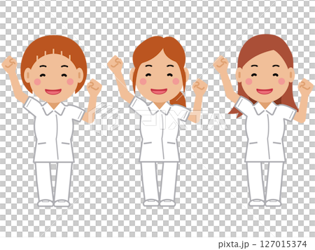 大きな身振りで応援。白制服の女性看護師。その2 大きな身振りで応援。白制服の女性看護師。その2 127015374