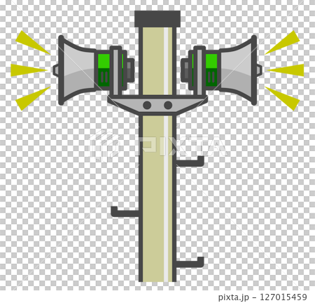 Illustration of a disaster prevention speaker announcing natural disaster warnings and evacuation advisories 127015459