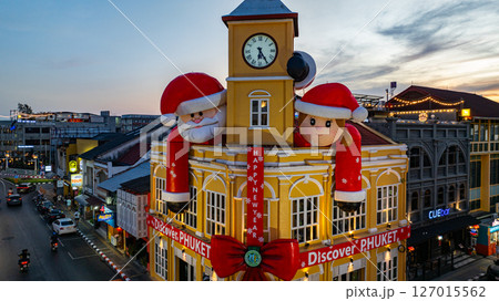 Aerial view of Festive Clock Tower with Santa Decorations Aerial view of Festive Clock Tower with Santa Decorations 127015562