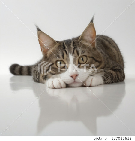 寝そべっているキジ白猫 127015612