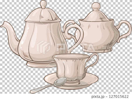 Sugar Bowl, Teapot and Cup of Tea Colored Detailed Illustration Sugar Bowl, Teapot and Cup of Tea Colored Detailed Illustration 127015622