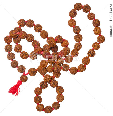 A traditional Rudraksha mala with brown beads and a red tassel, used for prayer and meditation, isolated background A traditional Rudraksha mala with brown beads and a red tassel, used for prayer and meditation, isolated background 127015878