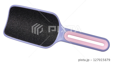 A purple and pink foot file with a black abrasive surface, isolated background A purple and pink foot file with a black abrasive surface, isolated background 127015879