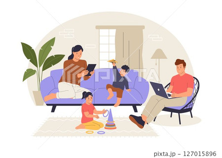 Happy Family at Home with Parents Working and Kids Playing Together Illustration Happy Family at Home with Parents Working and Kids Playing Together Illustration 127015896