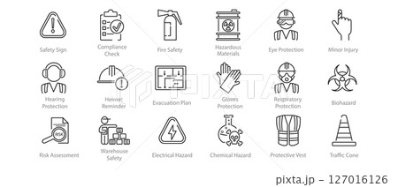 Set of line icons illustrating workplace safety and health. Clear symbols related to job protection and industrial security. Suitable for educational and corporate materials. Vector Set of line icons illustrating workplace safety and health. Clear symbols related to job protection and industrial security. Suitable for educational and corporate materials. Vector 127016126
