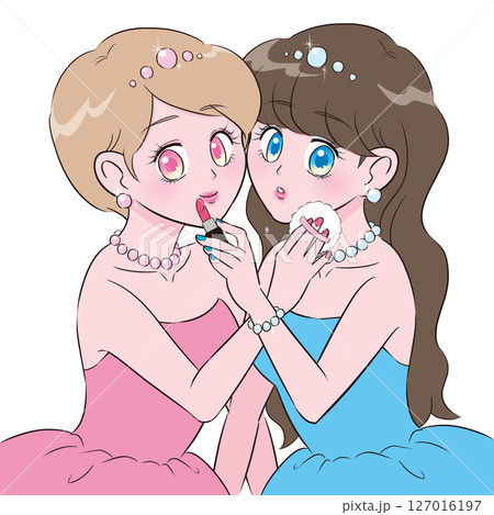 ドレス姿でメイクし合う二人の女性のイラスト 127016197