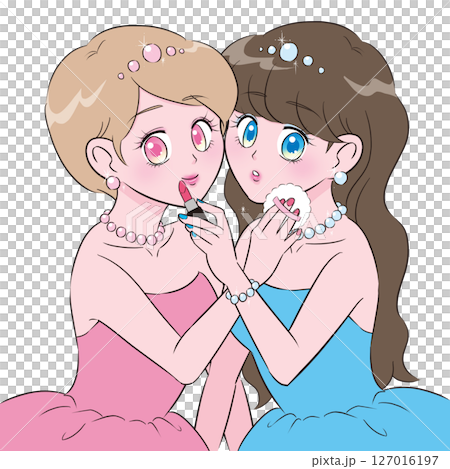 ドレス姿でメイクし合う二人の女性のイラスト 127016197
