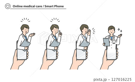 オンライン診療：スマートフォンから応答する男性医師　セット 127016225
