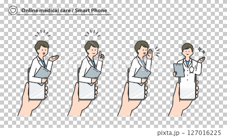 オンライン診療：スマートフォンから応答する男性医師　セット 127016225
