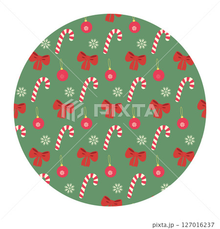 Colorful Tied ribbon bow Candy Cane Snowflakes and Christmas toy Seamless pattern on Circle Backdrop 127016237