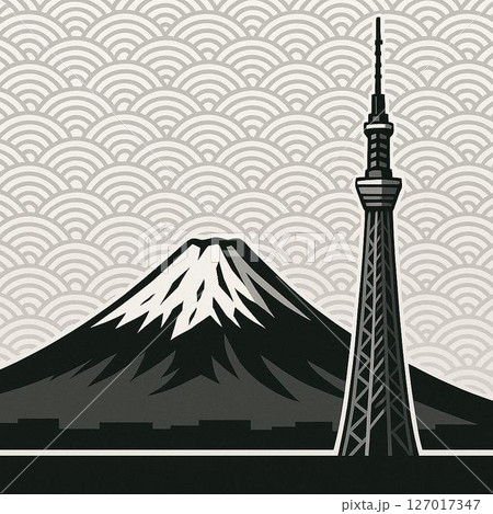 ベクター風のスカイツリーと富士山 127017347