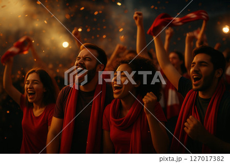 Group of Joyful Football Fans Celebrating Team Victory in Stadium Group of Joyful Football Fans Celebrating Team Victory in Stadium 127017382
