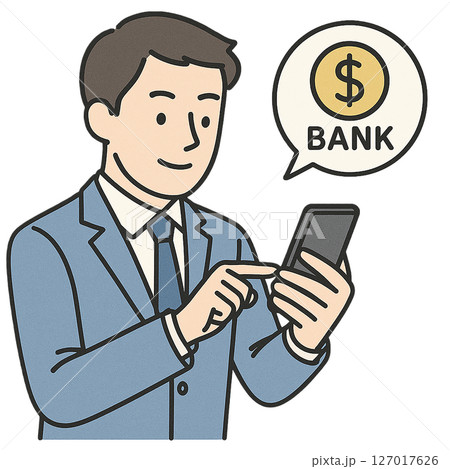 スマホでネットバンキングを操作する若いビジネスマンのイラスト 127017626