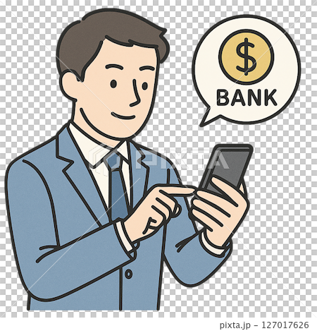 スマホでネットバンキングを操作する若いビジネスマンのイラスト 127017626