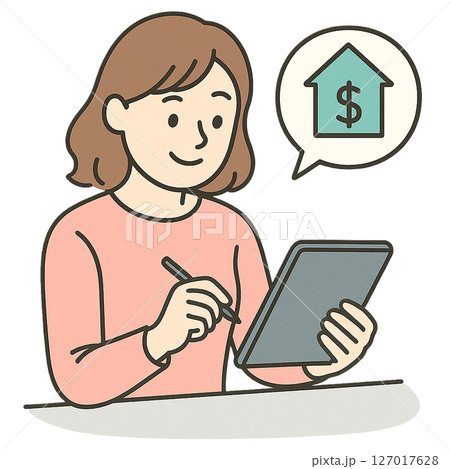 タブレットで家計や住宅ローンを管理する女性のイラスト（資産管理・お金の見える化） 127017628