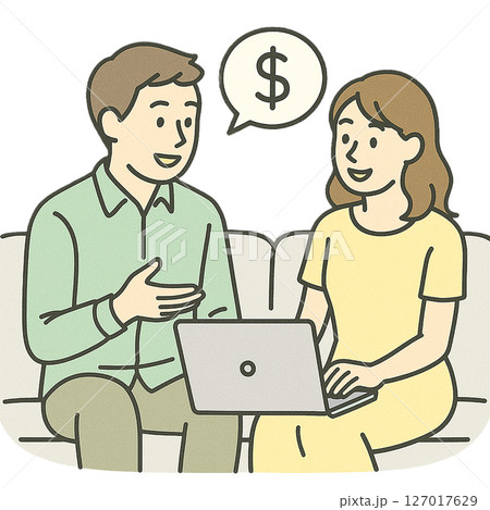 夫婦で家計やお金の話し合いをするイラスト（ライフプラン・家計見直し） 127017629