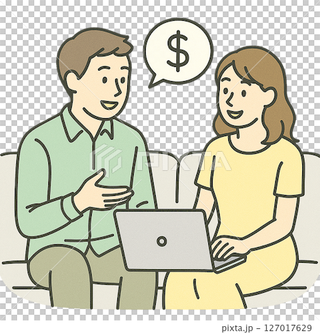 夫婦で家計やお金の話し合いをするイラスト（ライフプラン・家計見直し） 127017629