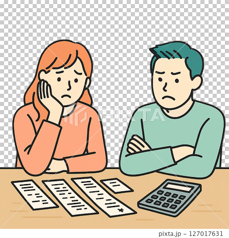家計管理に悩む夫婦のイラスト（支出・節約・家計簿） 127017631