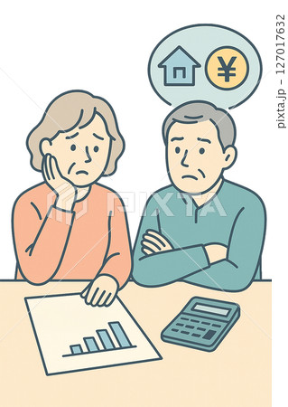 住宅ローンや老後資金に悩む夫婦のイラスト（生活費・資金計画・老後） 127017632