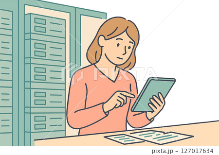 タブレットで情報を確認する女性のイラスト（オフィス・デジタル業務） 127017634