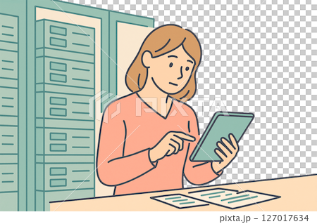 タブレットで情報を確認する女性のイラスト（オフィス・デジタル業務） 127017634