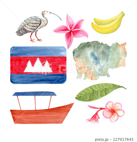 Cambodian map, flag, plumeria flower, boat, Ibis bird, bananas, watercolor illustration set isolated on white. Ideal for travel blogs, eco packaging, souvenirs, tourism branding, cultural designs Cambodian map, flag, plumeria flower, boat, Ibis bird, bananas, watercolor illustration set isolated on white. Ideal for travel blogs, eco packaging, souvenirs, tourism branding, cultural designs 127017645