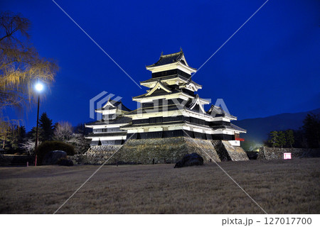 中部地方・松本城・松本城公園からの眺め、信州の澄んだ夜空に浮かび上がる松本城・長野県松本市(6) 127017700