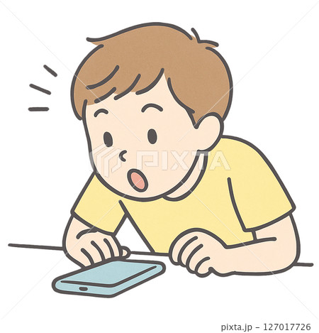 スマホを見て驚く男の子のイラスト・リアクション素材 127017726